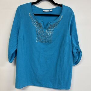 Susan Graver 1X Blue Blouse Sequin Neckline Roll Tab Sleeve Cotton Boho Top